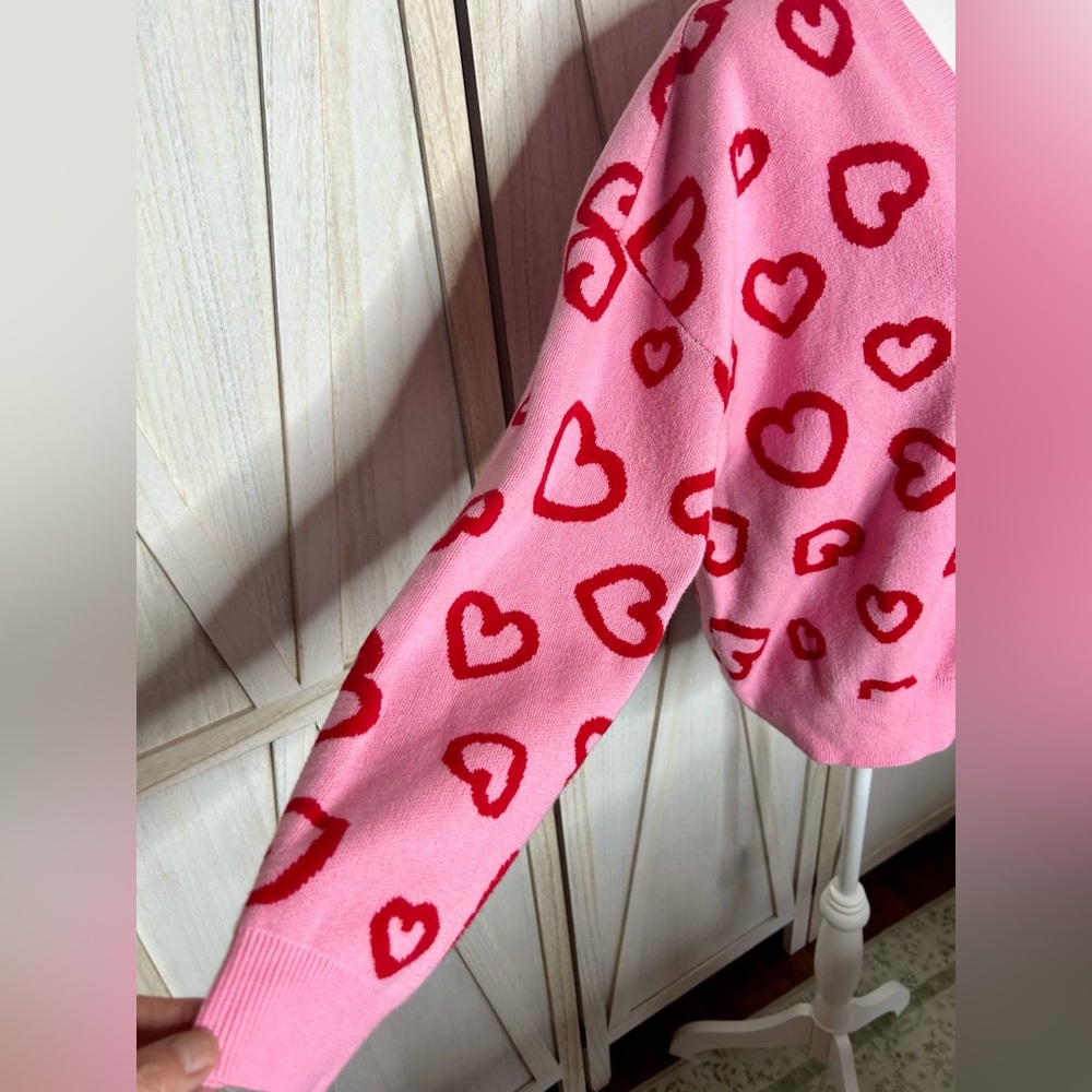 33 Degrees Pink and Red Heart Cardigan women sz Large Valentines cottagecore - Picture 5 of 12